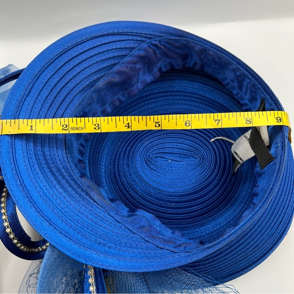 Susanna Elegant Blue Church, Derby Hat with Meshing and Rhinestone Accents